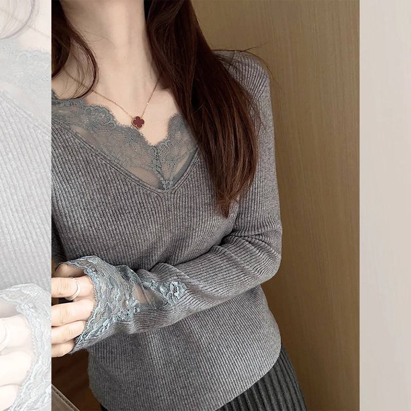 独特漂亮内搭蕾丝小衫韩系秋冬女装洋气休闲外穿灰色V领针织上衣