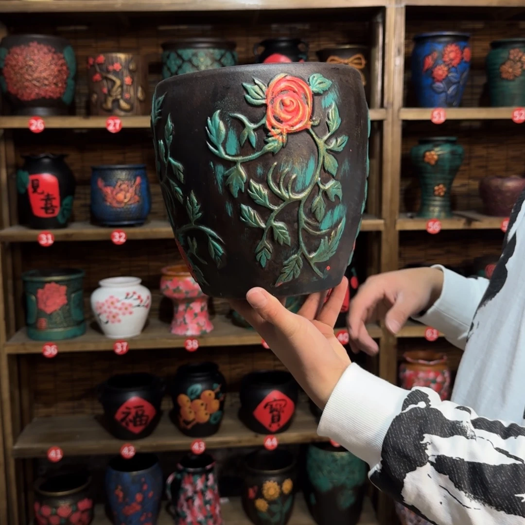 带孔高端浮雕花盆高度+口径21-20