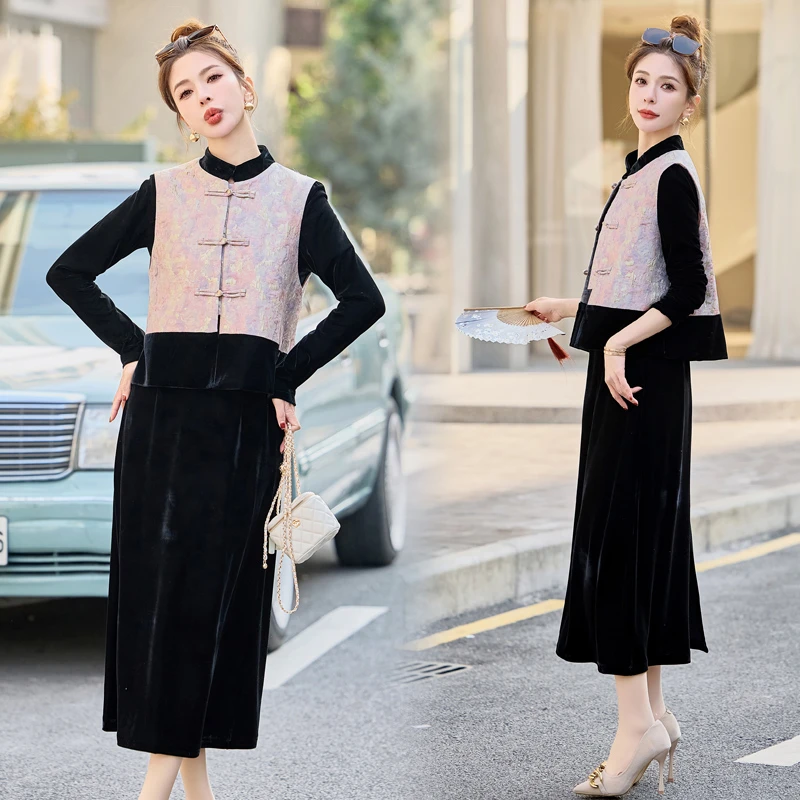 新中式连衣裙女2025春新款高级感气质马甲黑色内搭打底丝绒套装裙