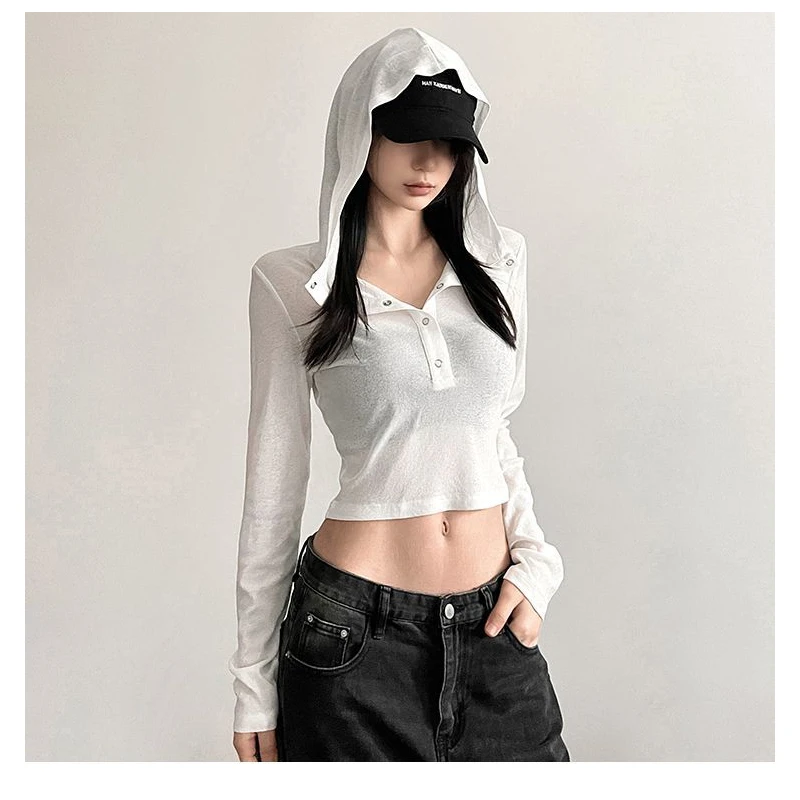 欧美高腰长袖纯色连帽防晒T恤女修身微透百搭设计感短超长款t恤