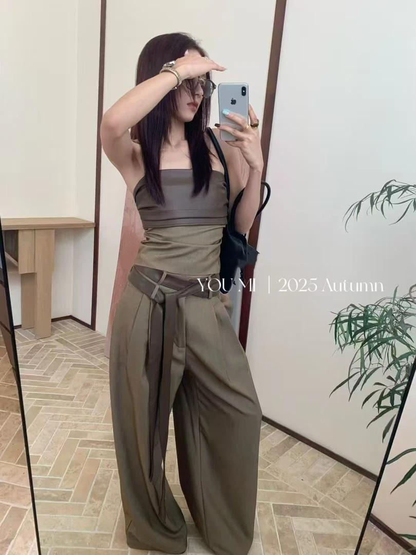 气质复古短款拼接pu皮抹胸+高腰拖地阔腿西装裤子套装（尺码偏大）