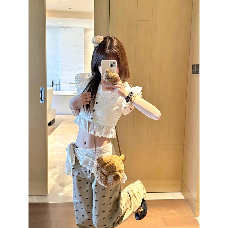 衬衫女甜美可爱风格衣服蕾丝小飞袖短袖上衣蝴蝶印花高腰阔腿裤