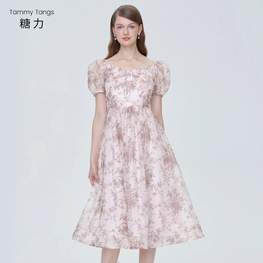 【官号专属】糖力印花连衣裙短袖收腰显瘦中长款裙子