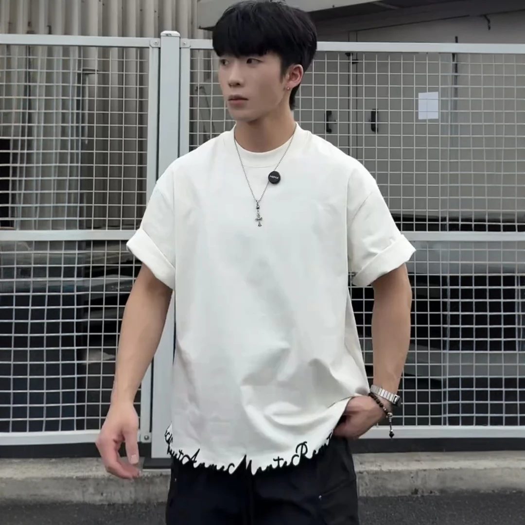 高克重潮牌刺绣花边男士短袖t恤夏季新款个性潮流简约百搭半袖