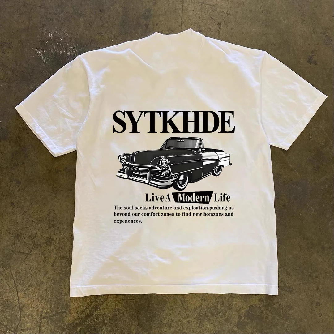 美式复古潮牌汽车字母印花短袖T恤男女百搭嘻哈宽松重磅纯棉上衣