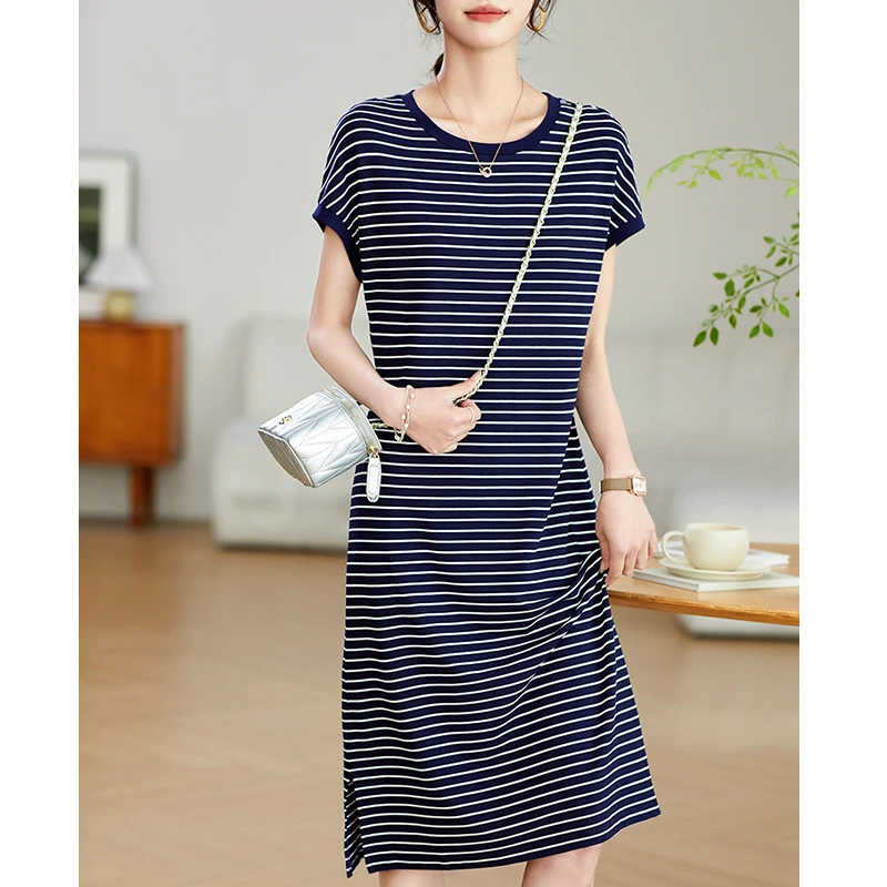 25年夏季简约条纹连衣裙女休闲宽松显瘦中长款T恤裙子