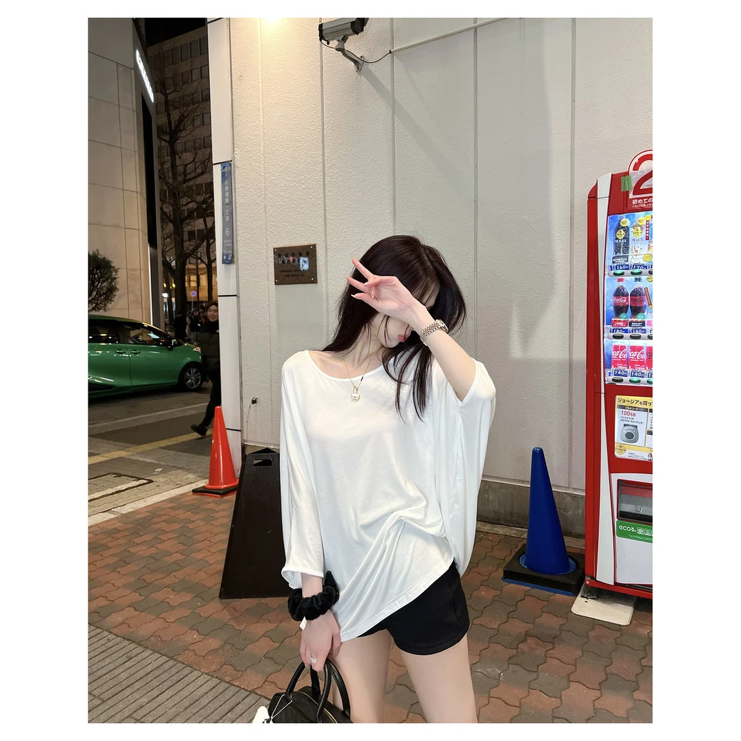 1106-蝙蝠袖短袖T恤女夏大领口宽松慵懒风韩版半袖正肩露锁骨上衣