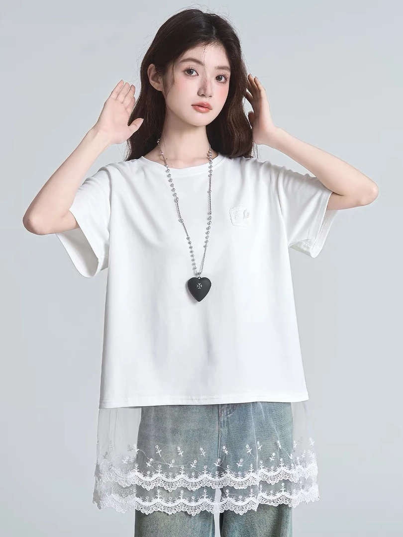 663蕾丝拼接孕妇短袖女2025新款春秋宽松显瘦百搭打底衫上衣