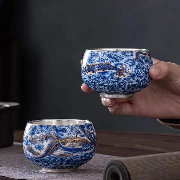 鎏银万花龙凤主人杯功夫茶具茶杯陶瓷品茗杯茶普洱杯个人杯家用