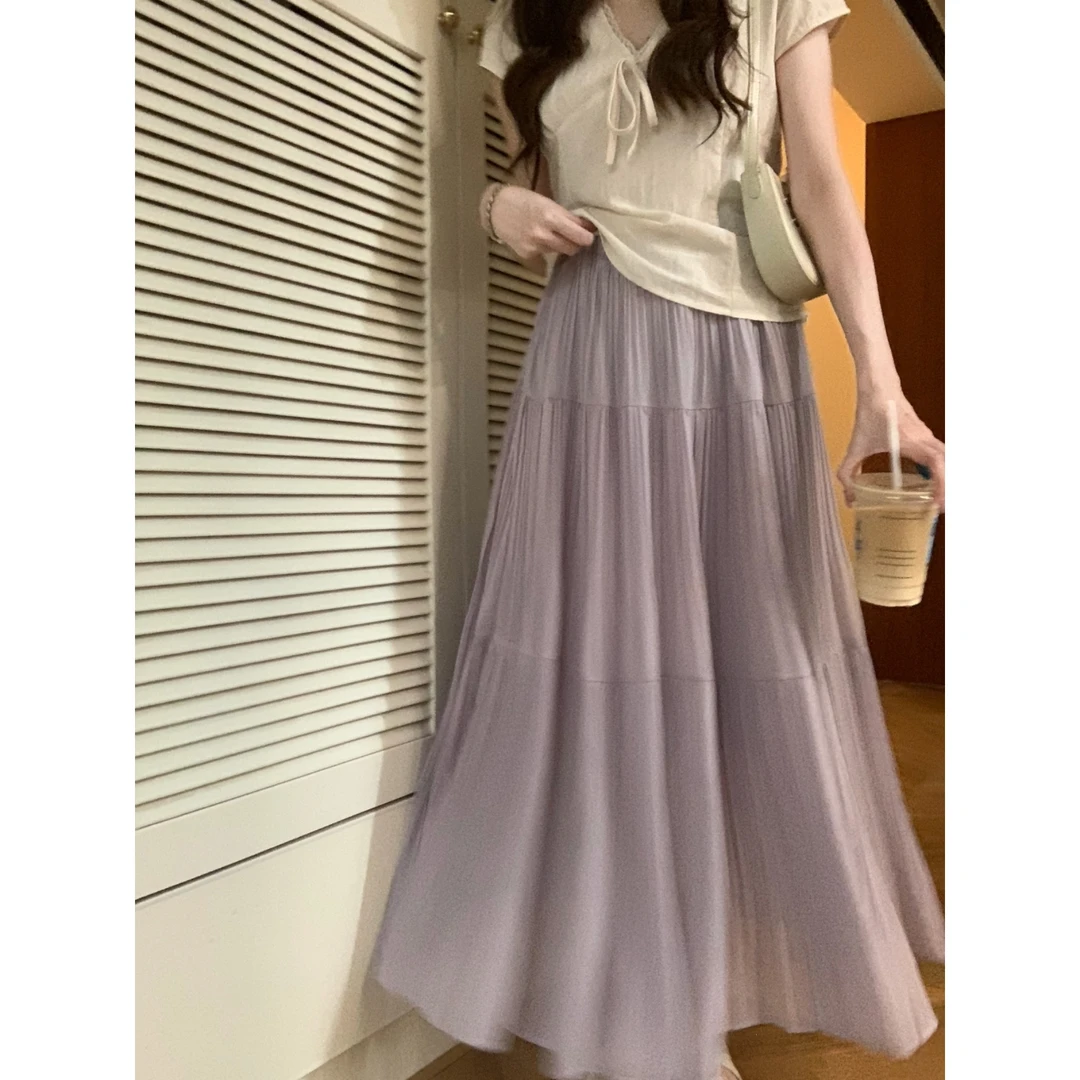 安安 梦幻紫压褶松紧腰蛋糕长裙