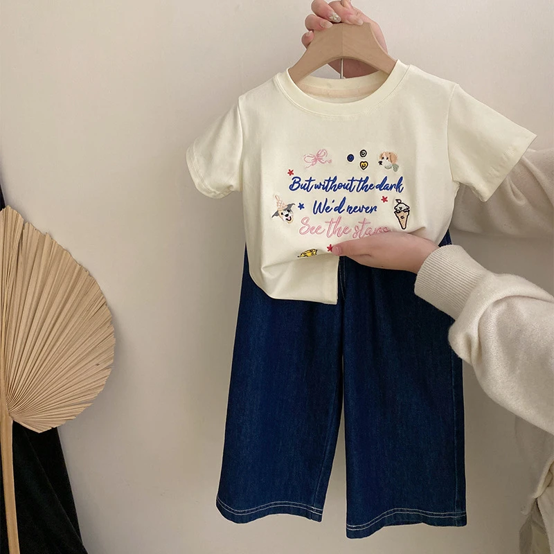 R25099女童韩版刺绣小狗字母可爱短袖春季新款条纹花边阔腿牛仔裤