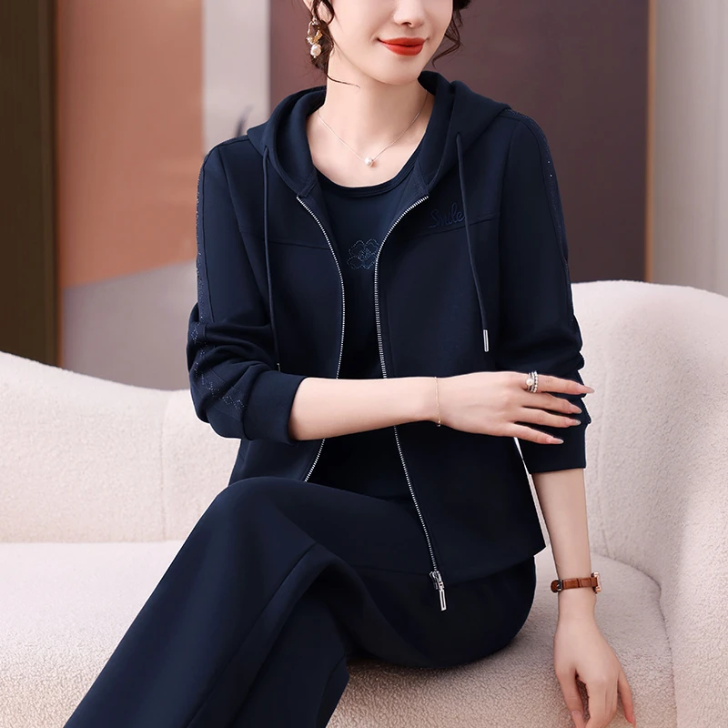 运动套装女春秋款2025新款时尚洋气妈妈连帽卫衣休闲跑步服两件套