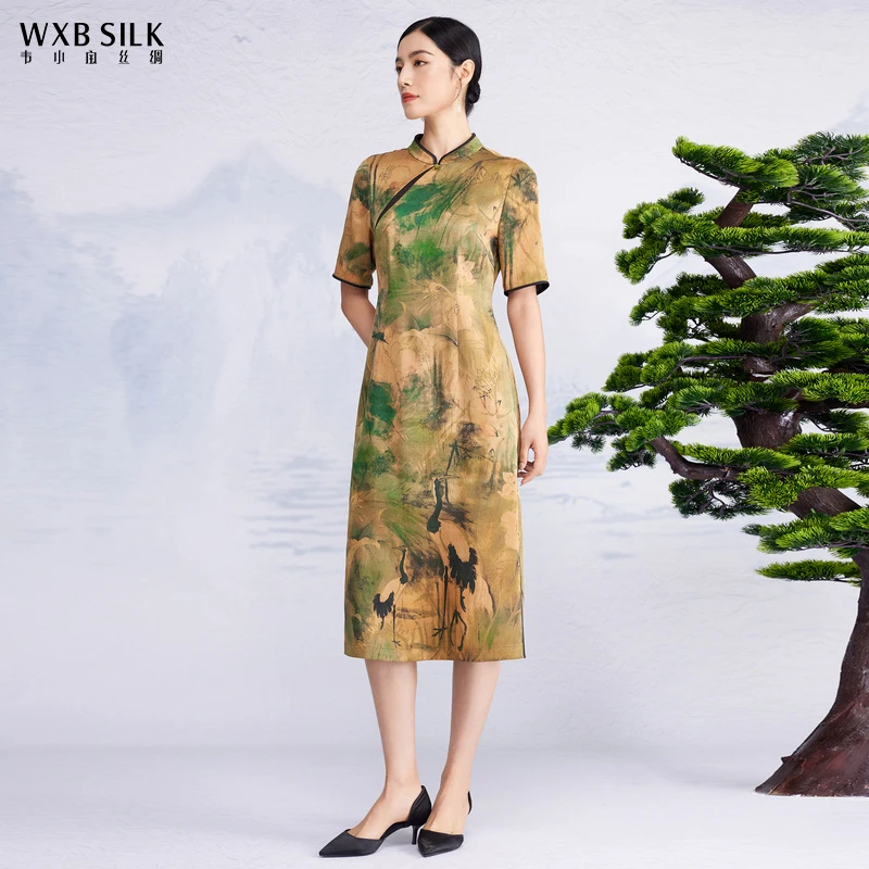 韦小宝古坛仙鹤杳桑蚕丝连衣裙2231147613