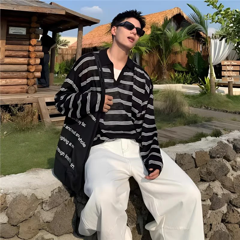 早秋穿搭美式潮牌复古撞色条纹V领长袖polo衫男士宽松休闲针织衫