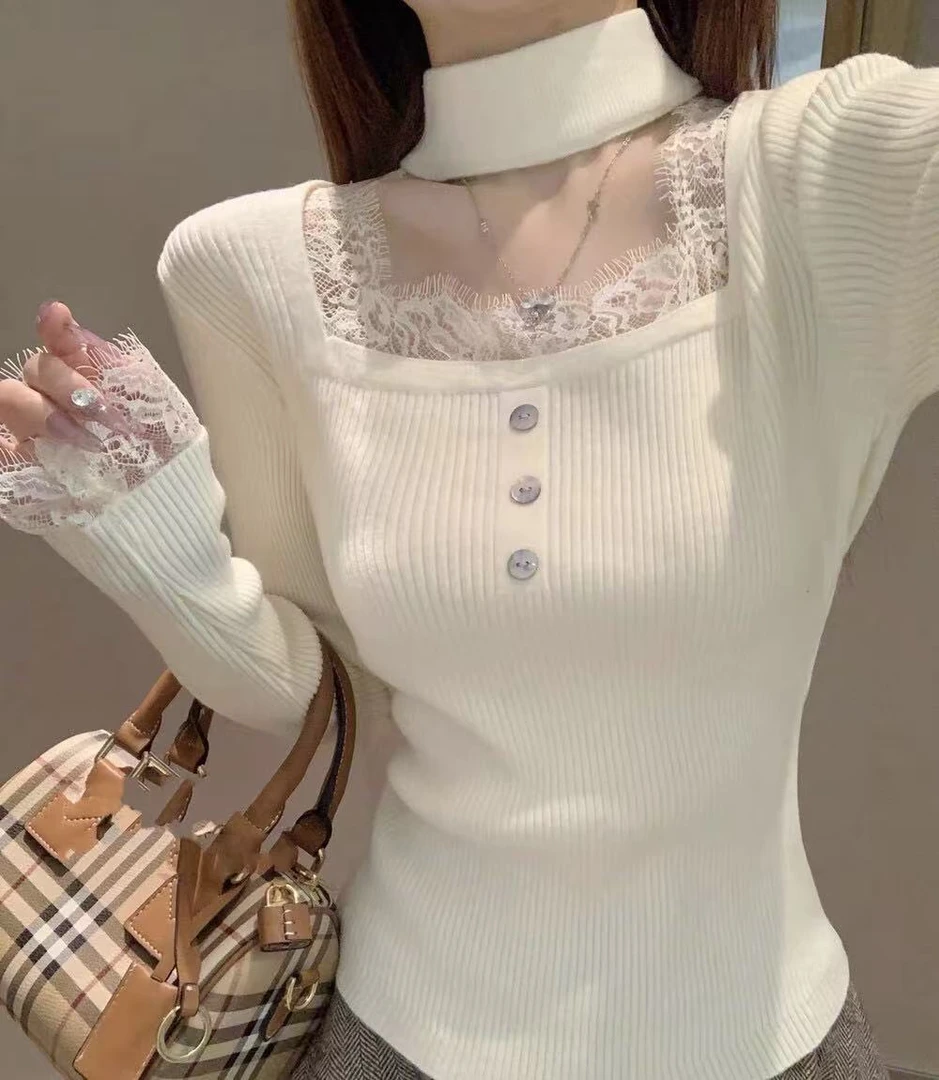 我们家  miu系风蕾丝花边方领挂脖显瘦针织衫