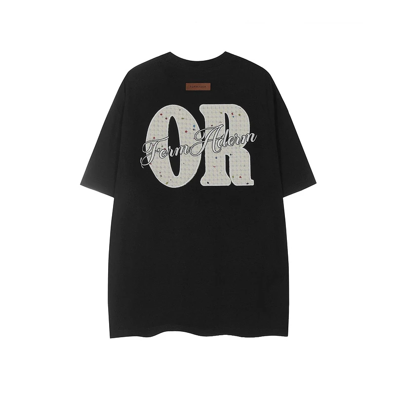 欧美街头嘻哈大字母刺绣贴布圆领短袖T恤美式复古中性风休闲短t