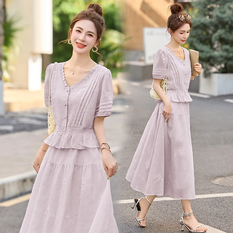 小香风复古刺绣连衣裙女2025夏季新款高级感气质名媛风中长款裙子