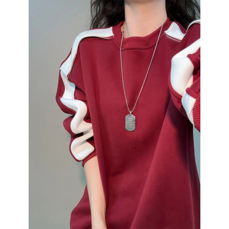 美式解构撞色拼接圆领卫衣男冬季潮牌设计感加绒加厚打底情侣外套