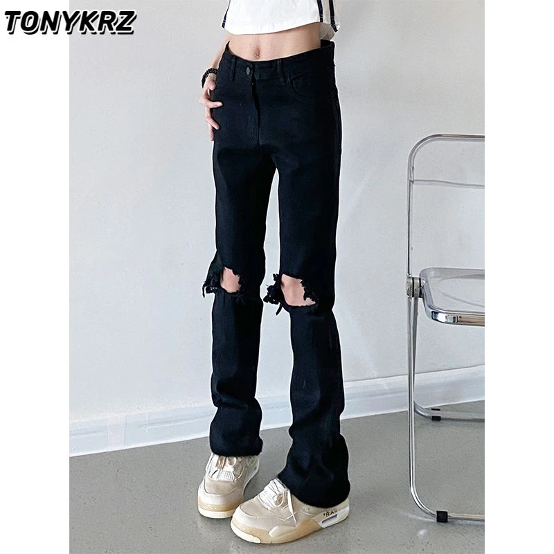 TONYKRZ美式高街黑色破洞牛仔裤男女款夏季潮牌显高显瘦微喇裤子