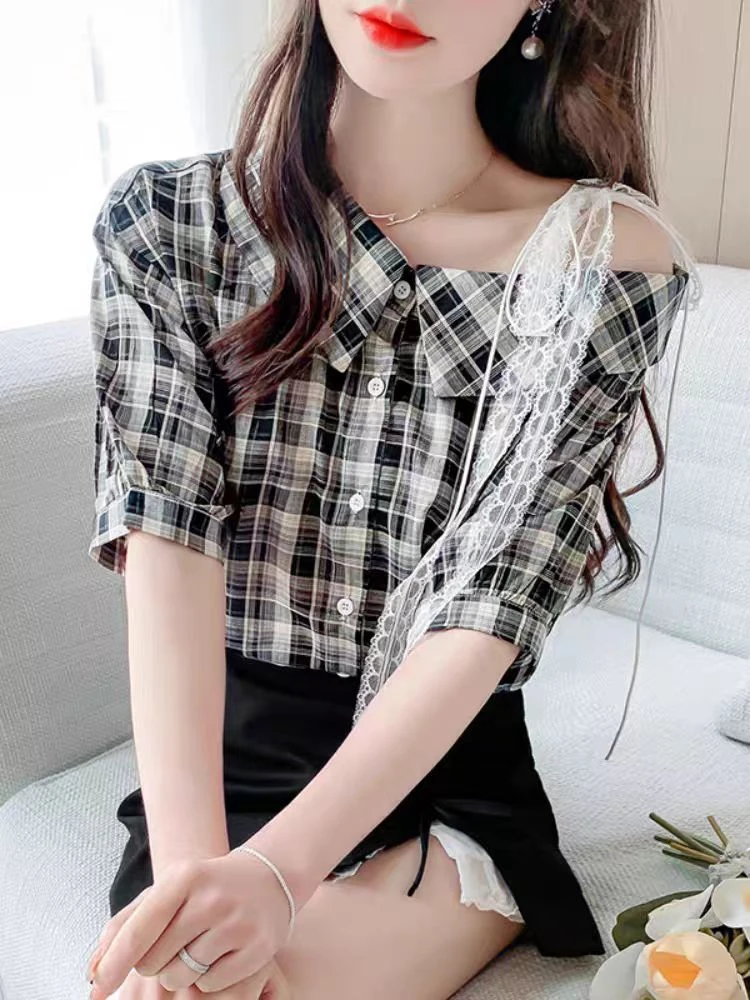 5660【衣长58】格子蝴蝶结短袖衬衫女夏2025新款独特漂亮设计感露肩