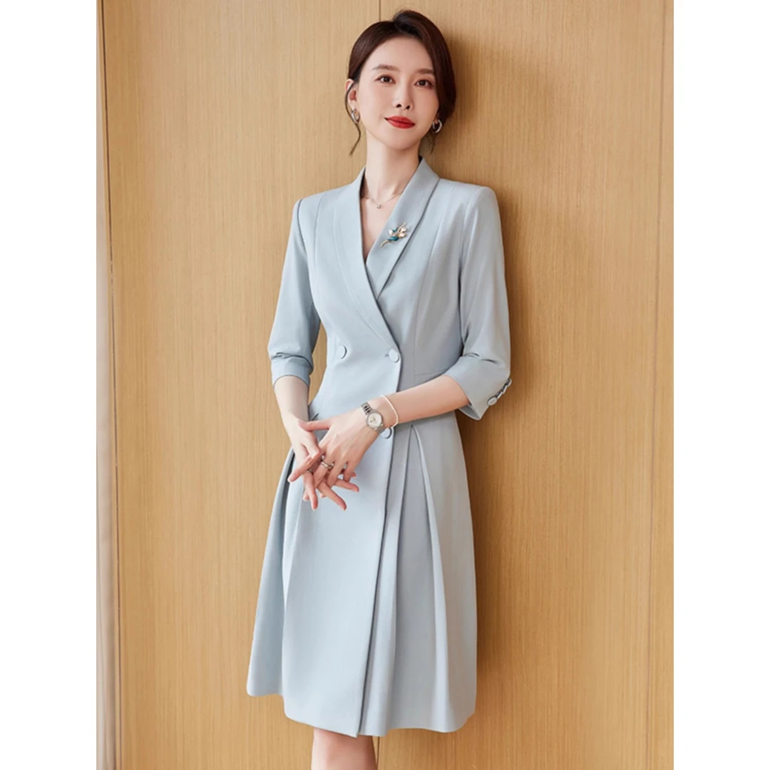 主持人西装连衣裙演讲服装女蓝色商务正装礼服时尚收腰显瘦西装裙
