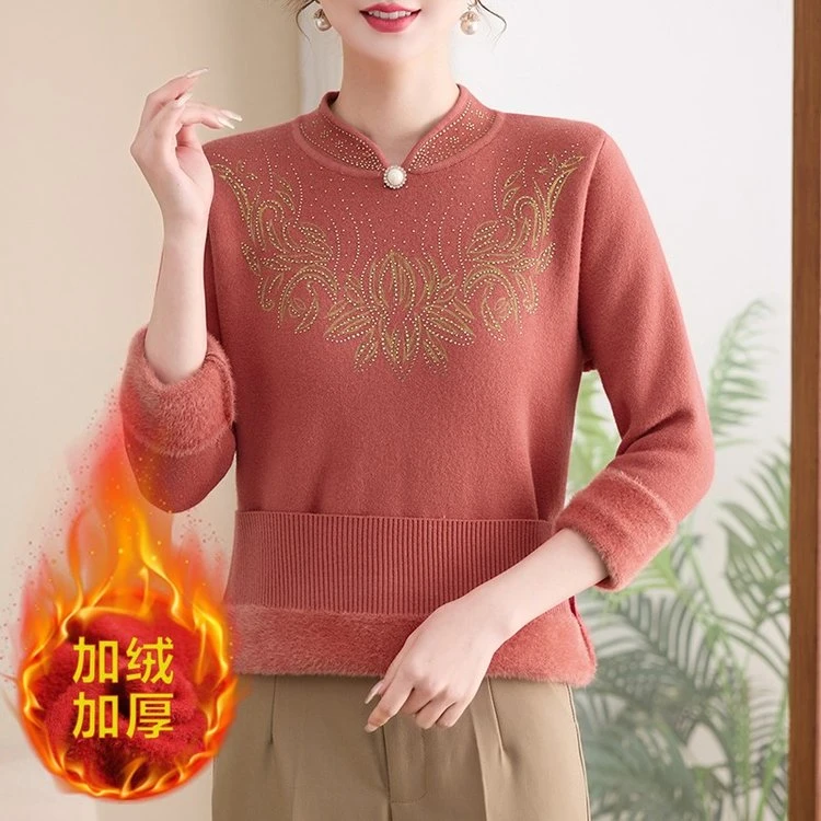 中老年女装妈妈装毛衣气质洋气女士保暖内搭加绒加厚冬季新款时尚