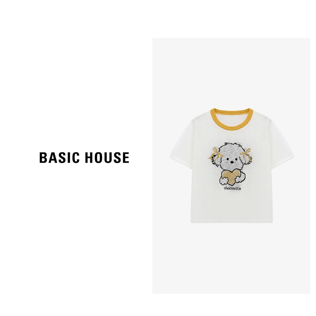 Basic House/百家好白色百搭休闲夏季宽松印花针织衫-B0625B5GEV2