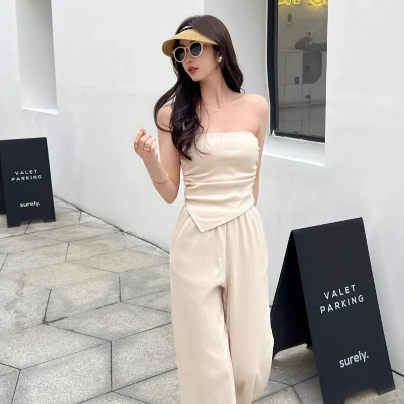 温柔新款纯欲抹胸小个子套装女2025年夏季慵懒外穿上衣阔腿裤套装