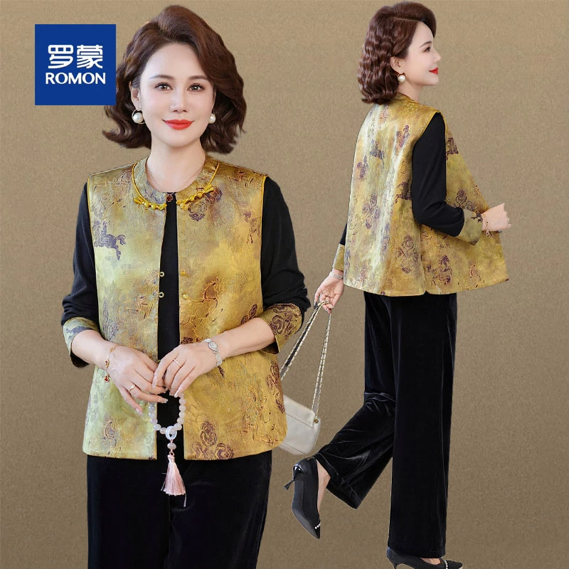 罗蒙气质妈妈春秋装丝绒套装中老年女装贵夫人国风马甲小衫两件套