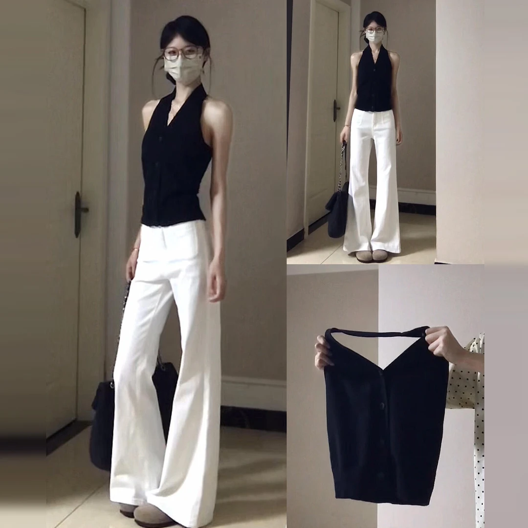 辣妹高级感黑色吊带挂脖背心女装2025新款法式夏季露背度假风上衣