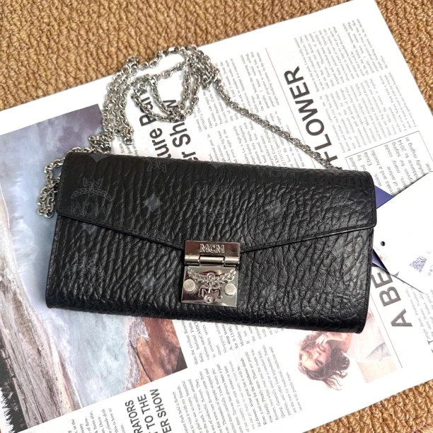 95新 MCM XM/经典黑银配色精致小号信封链条斜挎包/KH01916896