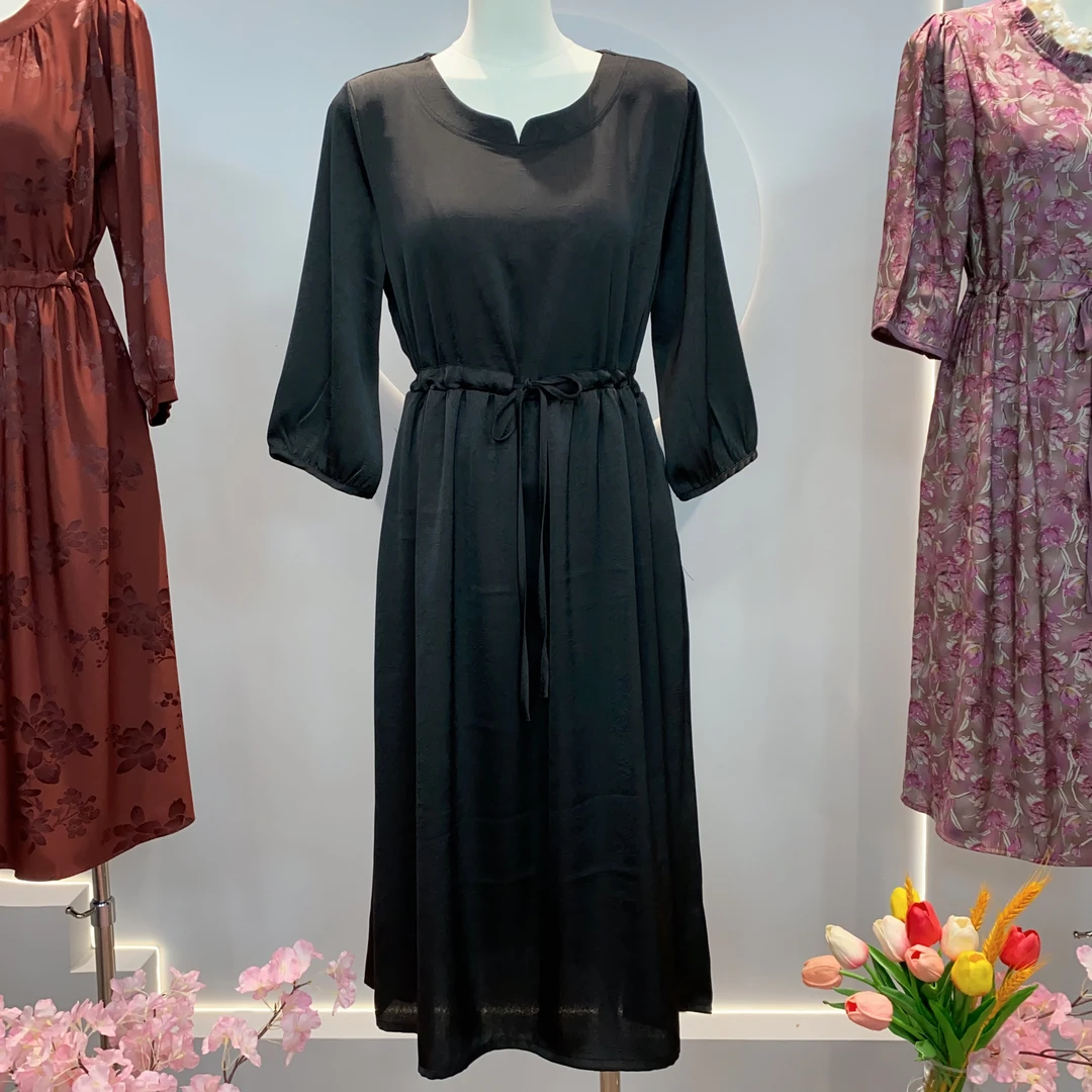 3007 新款高品质时尚长袖气质圆领收腰连衣裙