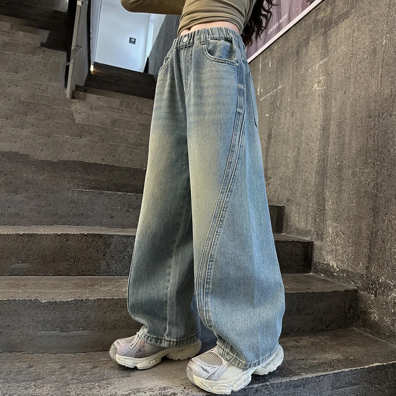 女童裤子春秋2025新款儿童直筒牛仔裤女大童长裤初中生窄版阔腿裤