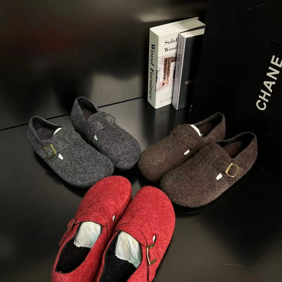 【慵懒呢子】加绒复古毛呢包头勃肯鞋女休闲女单鞋女鞋7800-1227