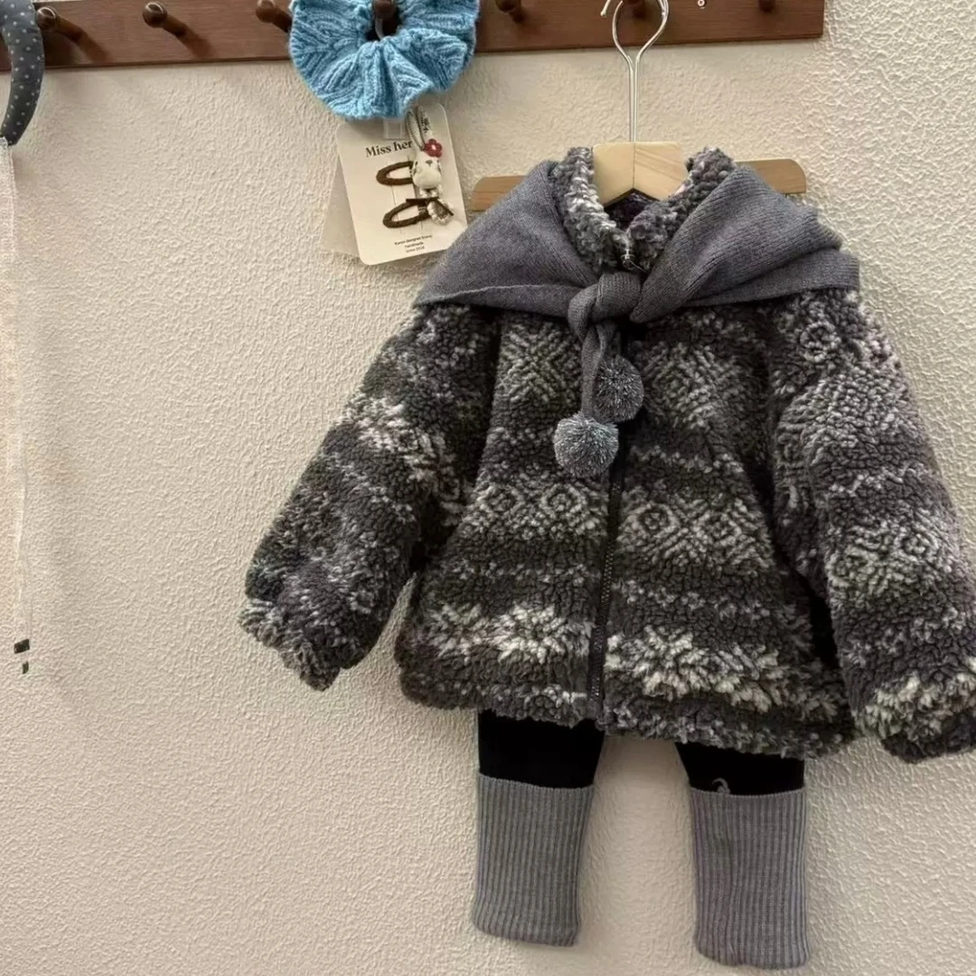 女童冬季韩版加绒加厚费尔岛加兔毛时尚棉服外套