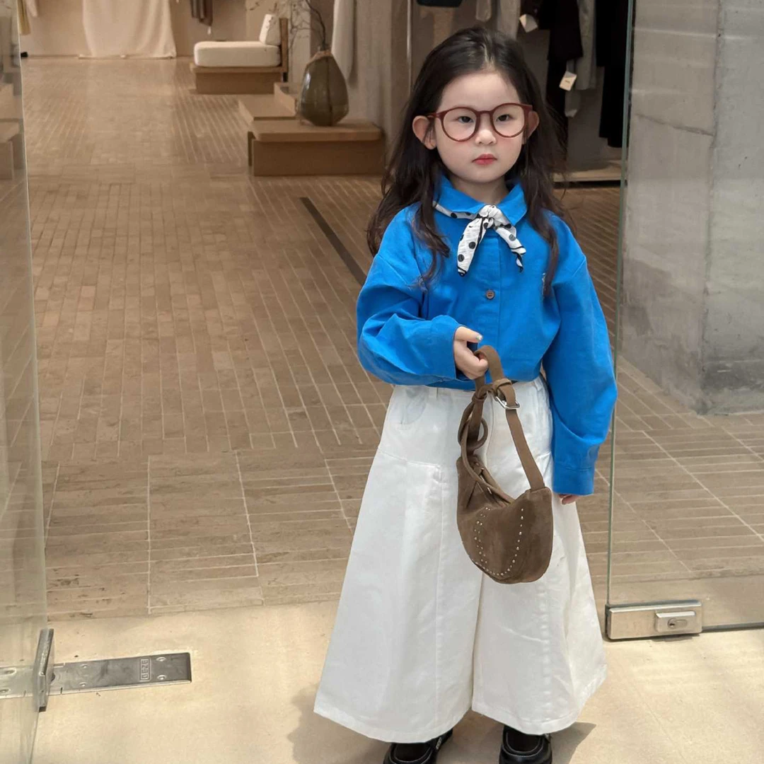 2025秋季新款韩版童装休闲纯色衬衫女童秋款上衣极简风 百搭裤子