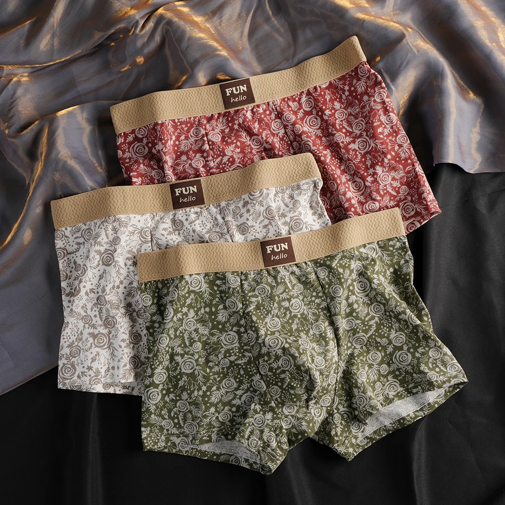 玫瑰花纹秋冬款古典花印男士内裤棉质平角裤10A抑菌个性四角裤