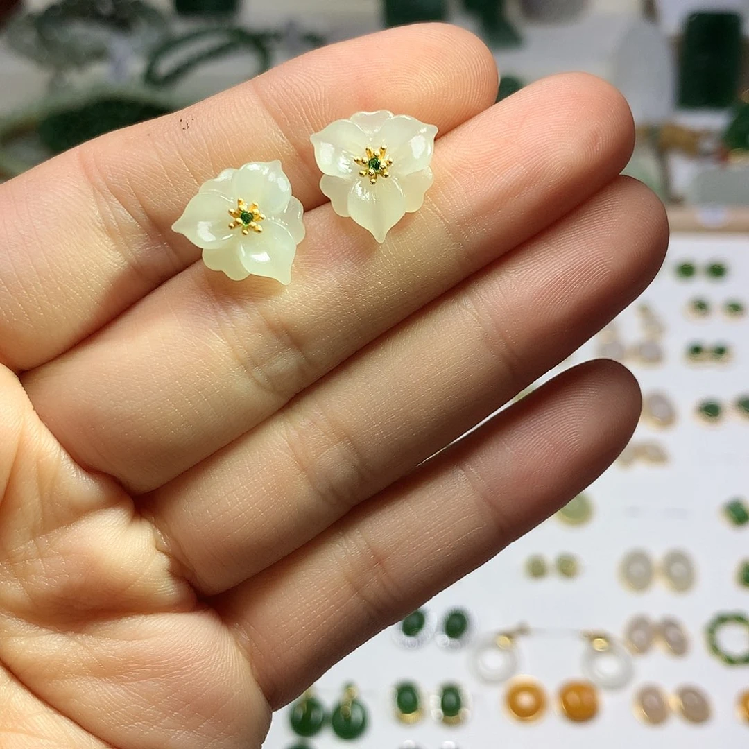 银S925镀金镶嵌和田玉（白玉）耳饰