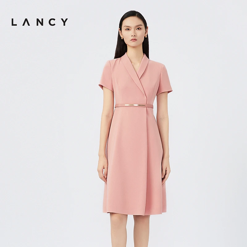 LANCY/朗姿女装夏季新款粉色青果领连衣裙收腰短袖粉色裙子气质