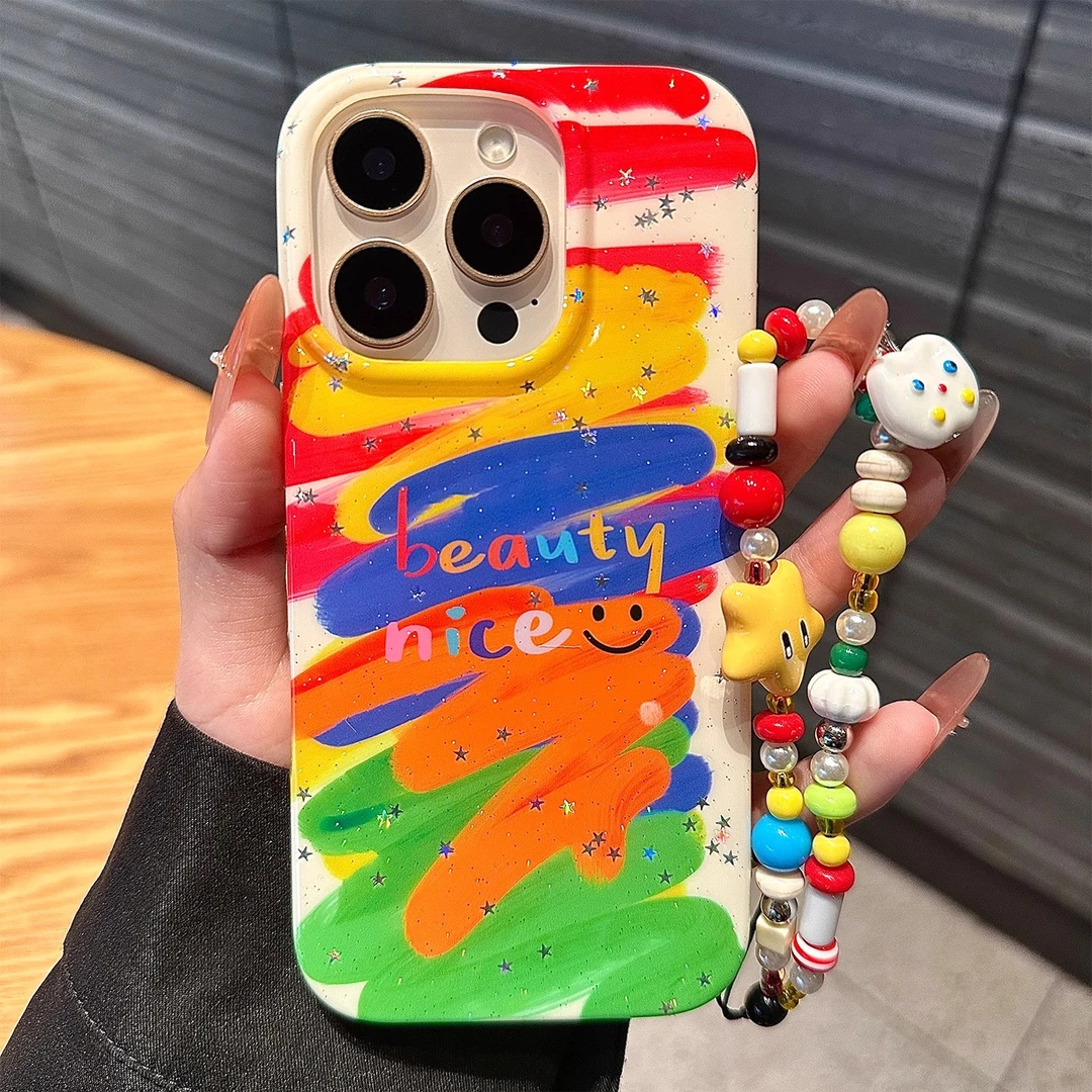 涂鸦彩虹笑脸适用苹果16promax手机壳新款iphone15pro保17promax