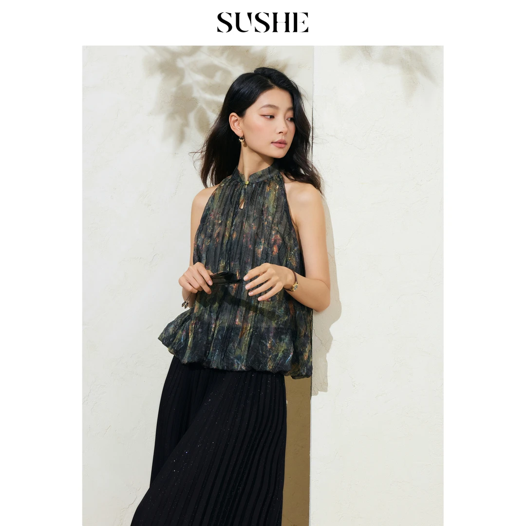 束皙SUSHE 胧苏 轻中式 清凉透气肌理刺绣晕染挂脖露肩雪纺上衣女