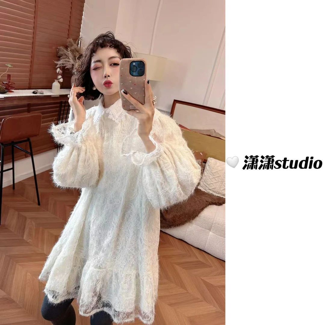 【年会小裙】【内里加绒】潇潇毛绒绒亮晶晶定制料衬衣领连衣裙XW0008