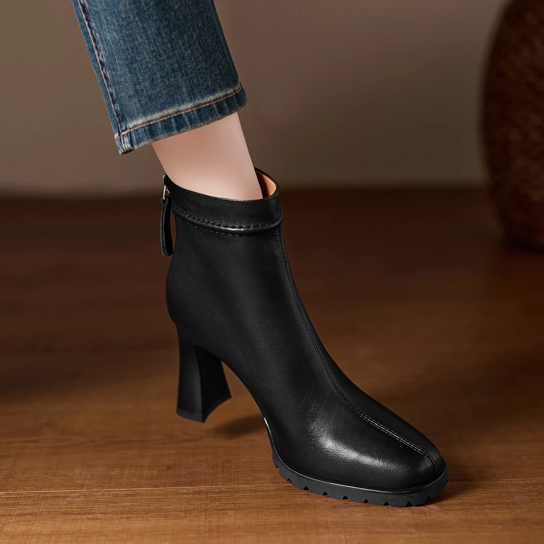 修悦手工女鞋8.5CM方头高跟马丁靴女秋冬季新款牛皮瘦瘦靴女鞋