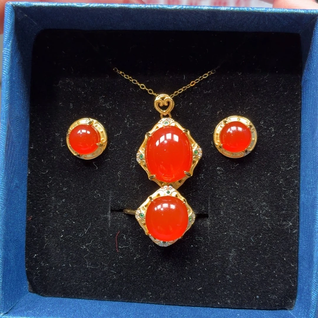 境***转南红玛瑙银S925镶嵌三件套原矿保山南红小庄冰红三件套