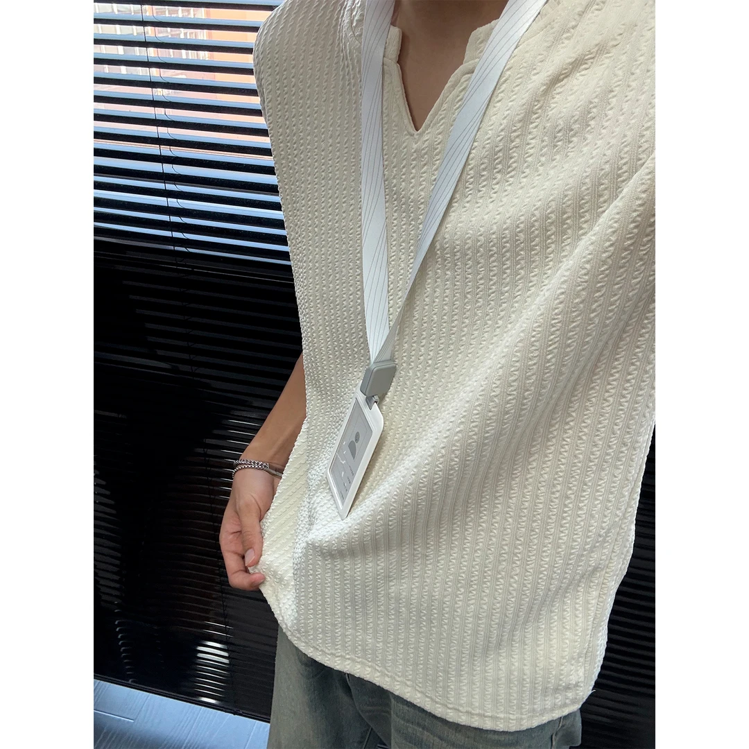 美式凉感V领褶皱背心男女同款夏季设计感无袖T恤小领口运动汗衫潮