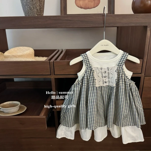 【甜品起司】女宝宝森系蕾丝宽松洋气时髦裙子高端拼色格子背心裙潮