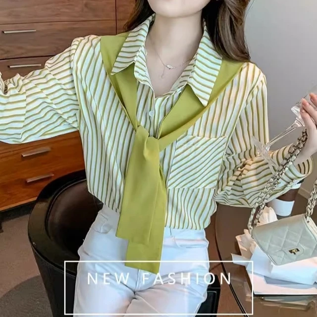 春秋新款假两件别致条纹衬衫上衣长袖小众衬衣时尚减龄女装雪纺衫