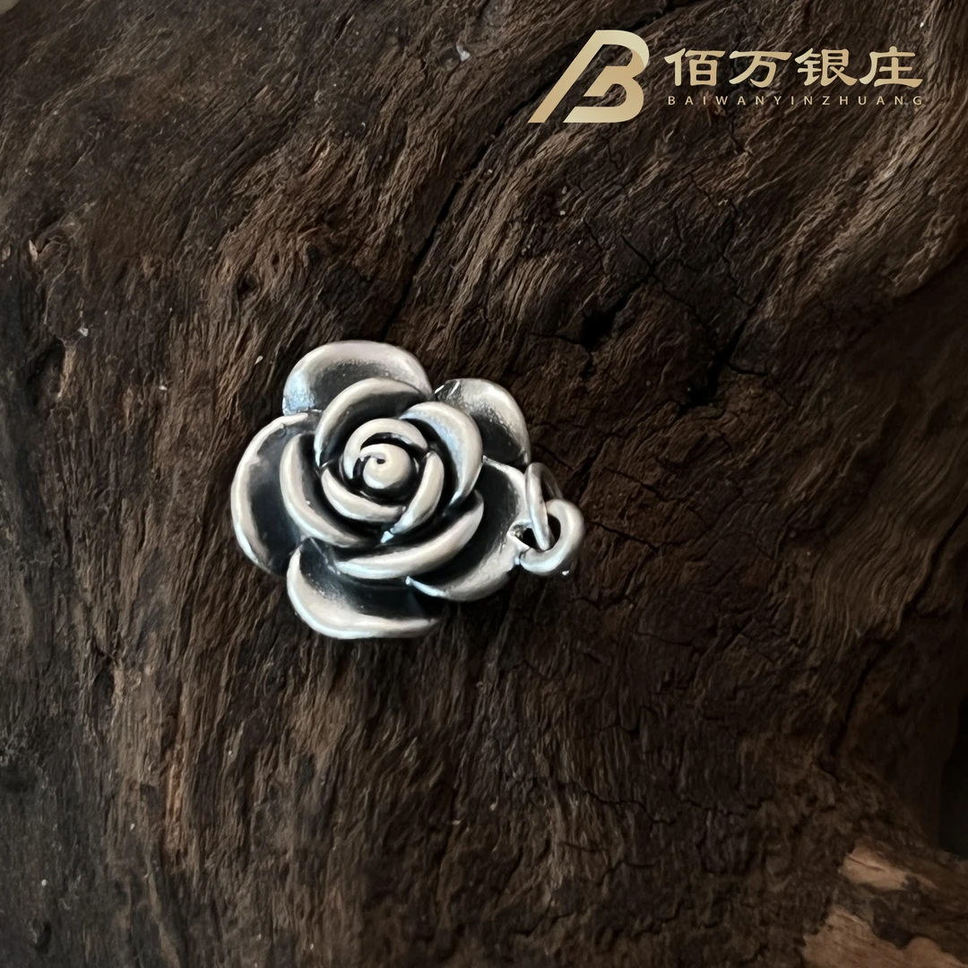 吊坠足银 【佰万银庄】古法山茶花吊坠复古纯手工银色个性做旧素款