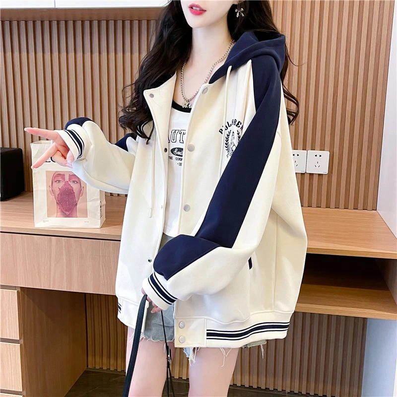2025新款春秋韩版宽松薄款学生撞色棒球服开衫外套早秋连帽卫衣女