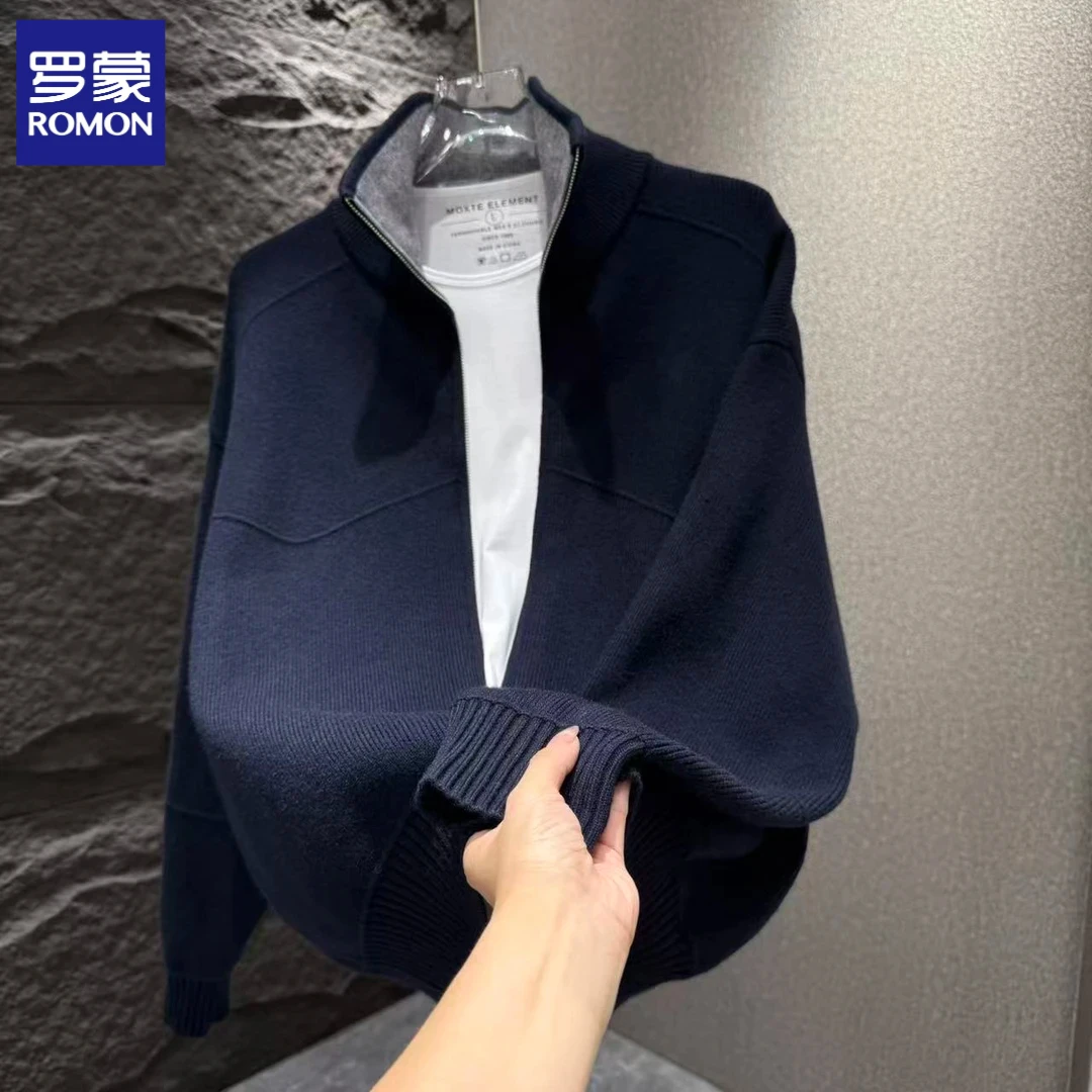 罗蒙秋季男士简闲轻奢高级感针织毛约时尚拼色休衣开衫外套宽松